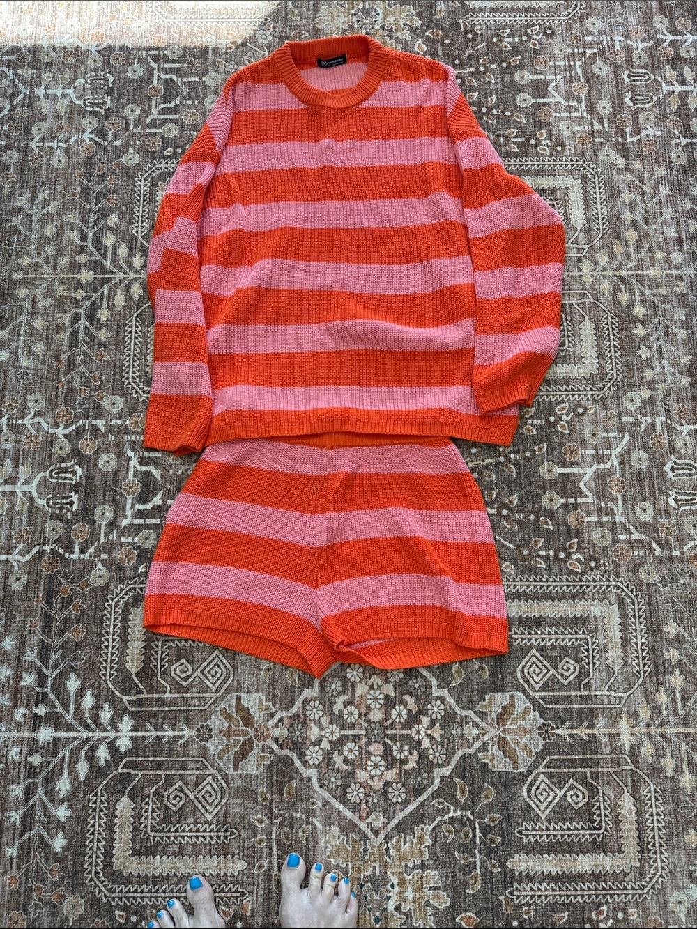 Striped Crewneck Sweater & Short Set - Pink & Orange